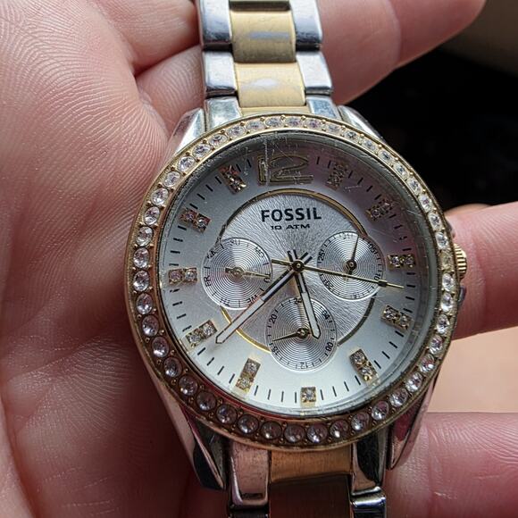 Fossil Women ES2521 Riley Silver Dial Multifunction Pave Bezel Quartz Watch 7" - Picture 8 of 14